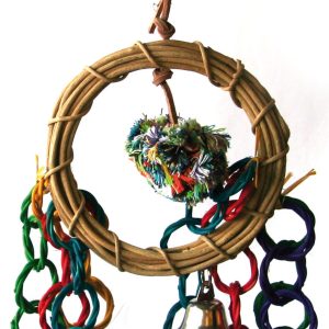 SP jouet p.oiseaux en palmier L=38cm à rotin, anneaux avec clochette